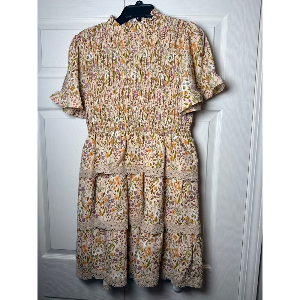Simply Southern Tan‎ Floral Smocked Mini Dress Crochet Lace Tiered NWT Large